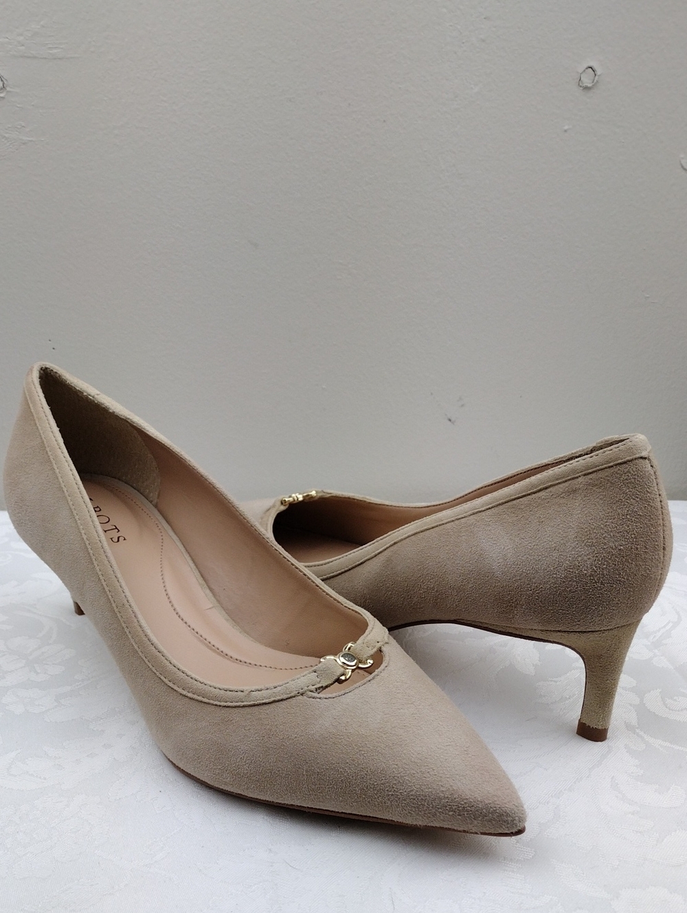 Talbots Beige Suede Leather Gold Hardware Strap Point Toe Low Heel Slip On Pumps